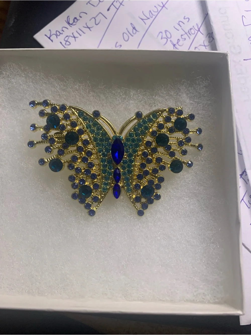 Beautiful Gold Tone Multicolored Blue Rhinestone Butterfly Brooch Pin